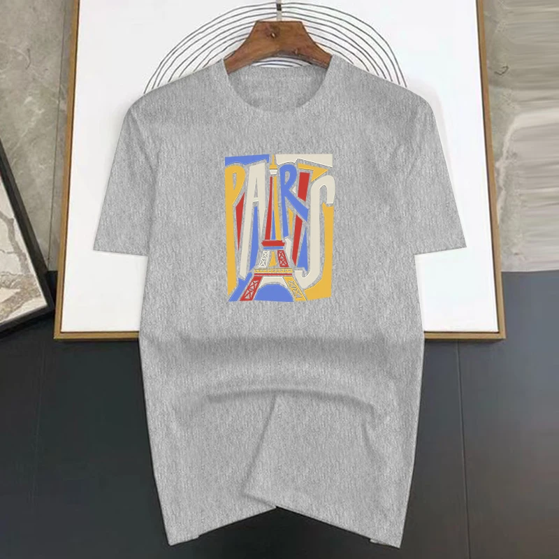 Colours New Paris Print Men\'s Summer Vintage Casual Pure Cotton Oversized T-shirt Streetwear Casual Fashion Clothing
