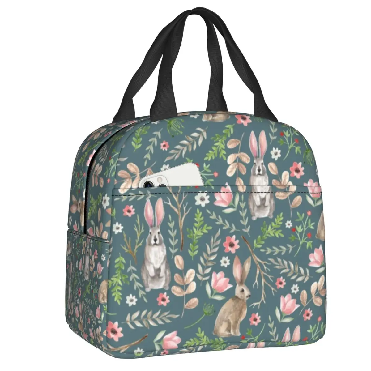 Cute Rabbits Flowers Pattern Insulated Lunch Bag for Women Waterproof Bunny Thermal Cooler Bento Box Office Picnic Travel