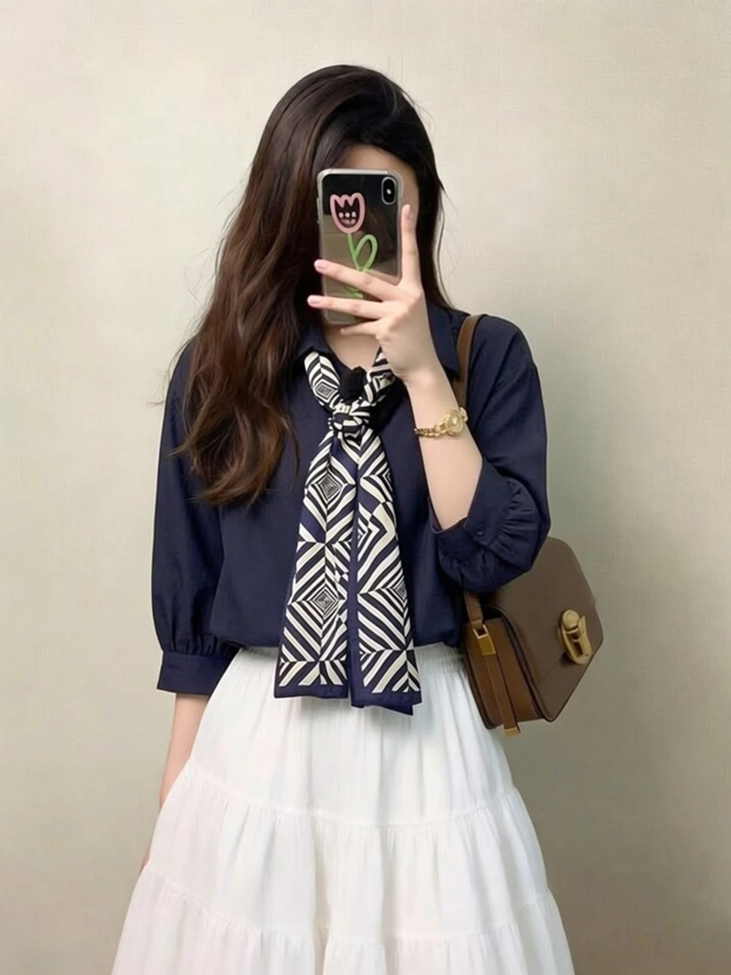 

Comfortable Commute Long Sleeve Shirt Stylish Turn-down Collar Slimming Beautiful Korean Style Pure Color Top for Women