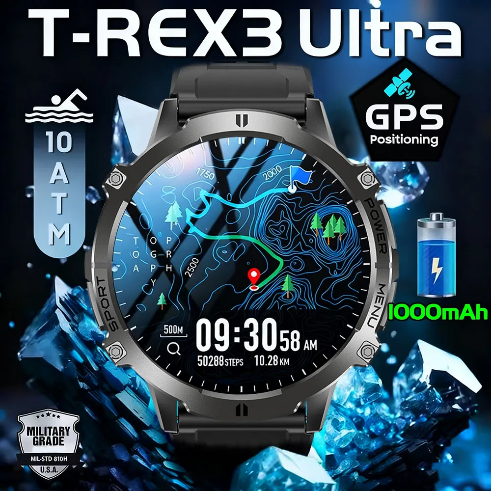 

Новые Смарт-часы с аккумулятором T-Rex3 Ultra 1000 мАч, GPS, компас движения, 10 АТМ, водонепроницаемые спортивные трекеры, военные умные часы на открытом воздухе
