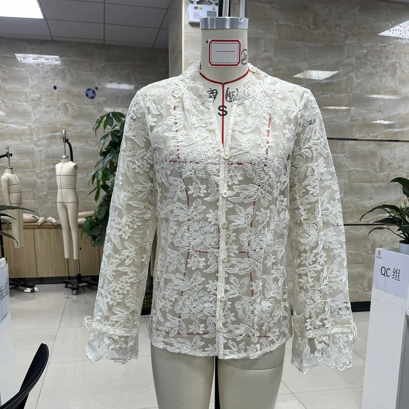 

Combhasaki Women Sheer Mesh Shee-through Lace Blouse Flower Embroidery Button-up V Neck Drawstring Long Flare Sleeve Loose Shirt
