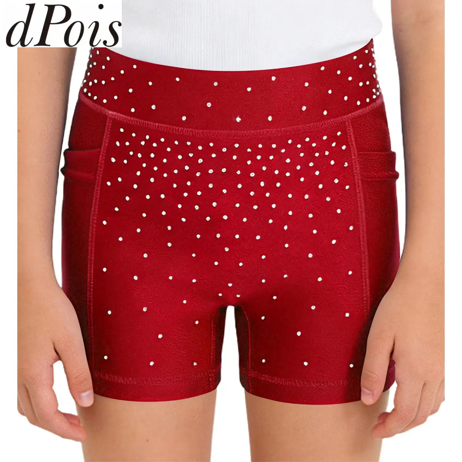 Kids Girls Dance Ballet Gymnastics Athletic Costume Shorts Gym Running Elastic Waistband Sparkly Rhinestone Shorts with Pockets