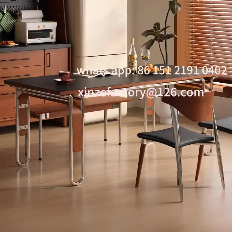 Customizable French retro solid wood table modern simple stainless steel light luxury black rock slab dining table