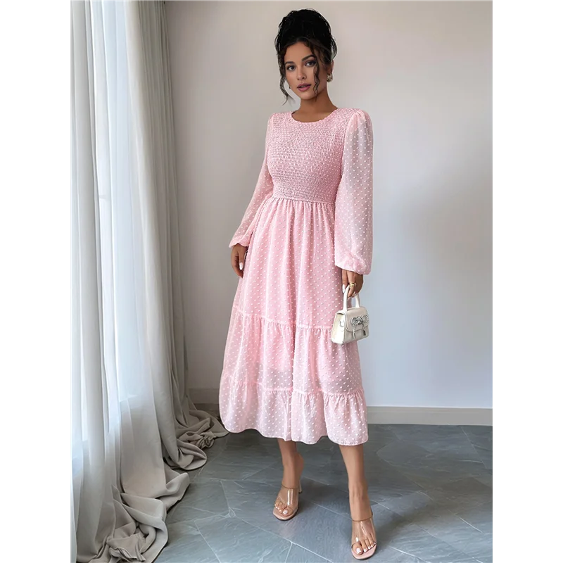 ABRT-robes d'automne pour femmes, manches longues, col rond, taille à pois, en mousseline de soie, à volants, smockés, robes mi-longues rose S