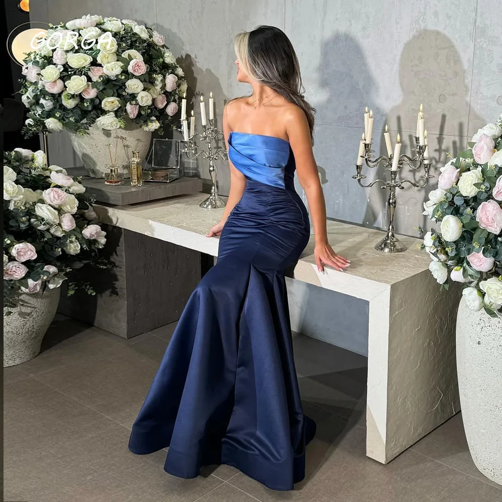 

GORGA Customized Dark Blue Strapless Mermaid Cocktail Gowns Satin Sleeveless Pleated Evening Gowns Floor-Length Party Dress