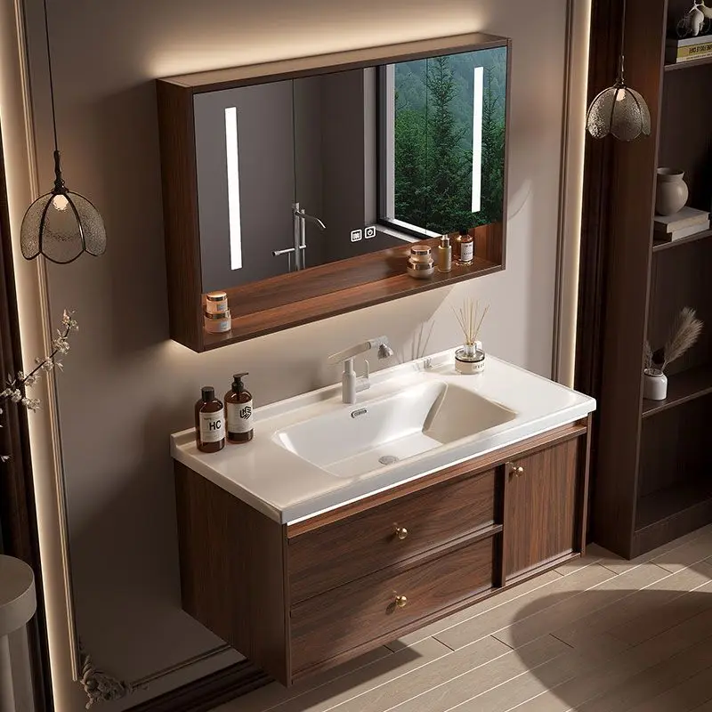 Mueble de baño antiguo de nogal con lavabo de cerámica integrado, lavabo chino combinado para lavarse las manos