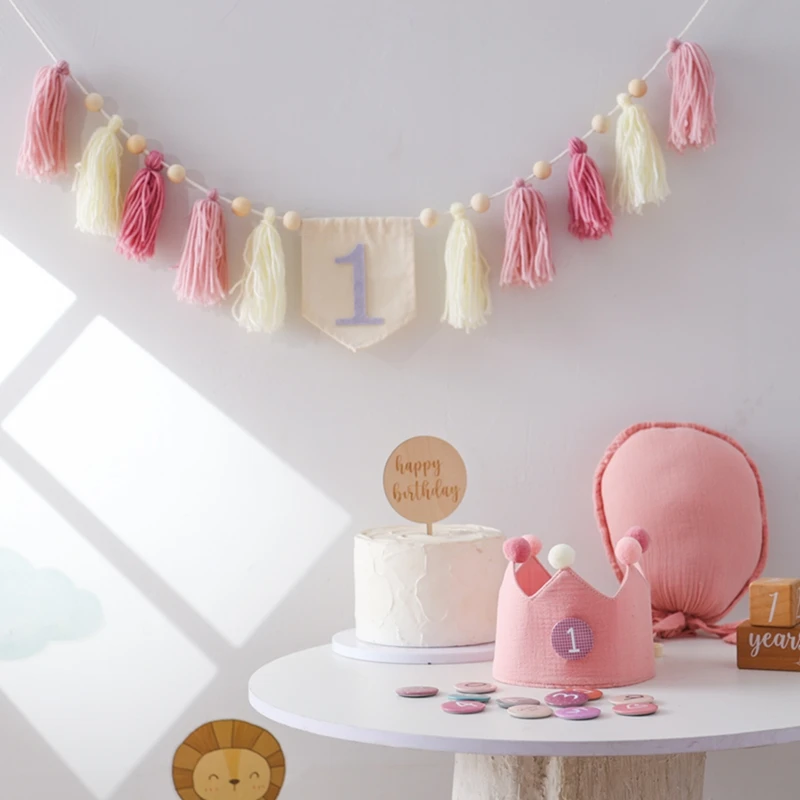 Pancarta de borlas de madera para bebé, globo de algodón, corona, diadema, sombrero, estrella, palo para niños, accesorios de fotografía para fiesta de cumpleaños