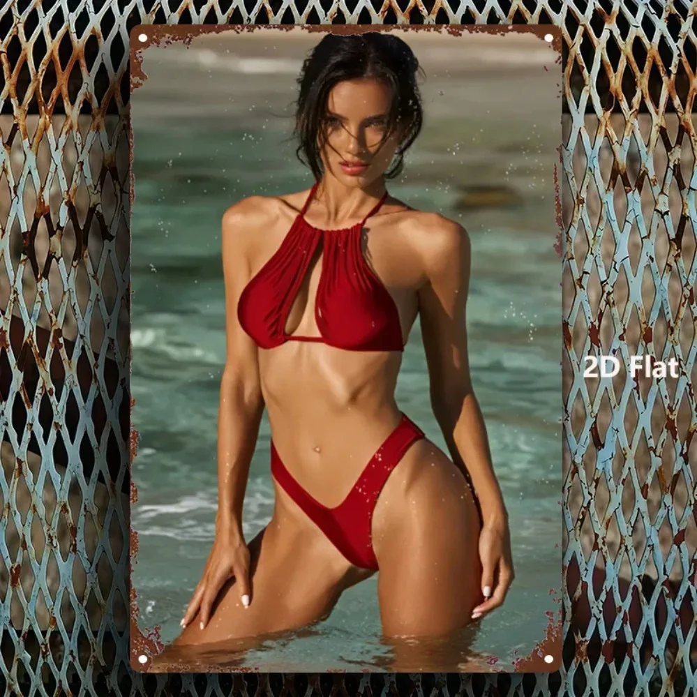 2D 1PC Vintique Retro 8x12 Inch Metal Sign - Beach Red Swimsuit Woman Tin Wall Art Decor for Home Office Gym