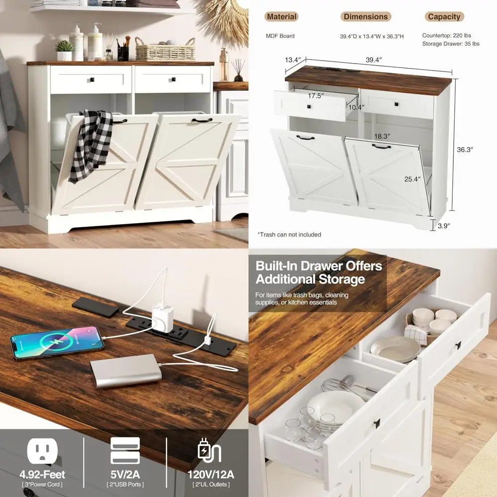 

farmhouse style tilt-out trash cabinet with negative ion technology and charging station, dog-resistant garbage storage