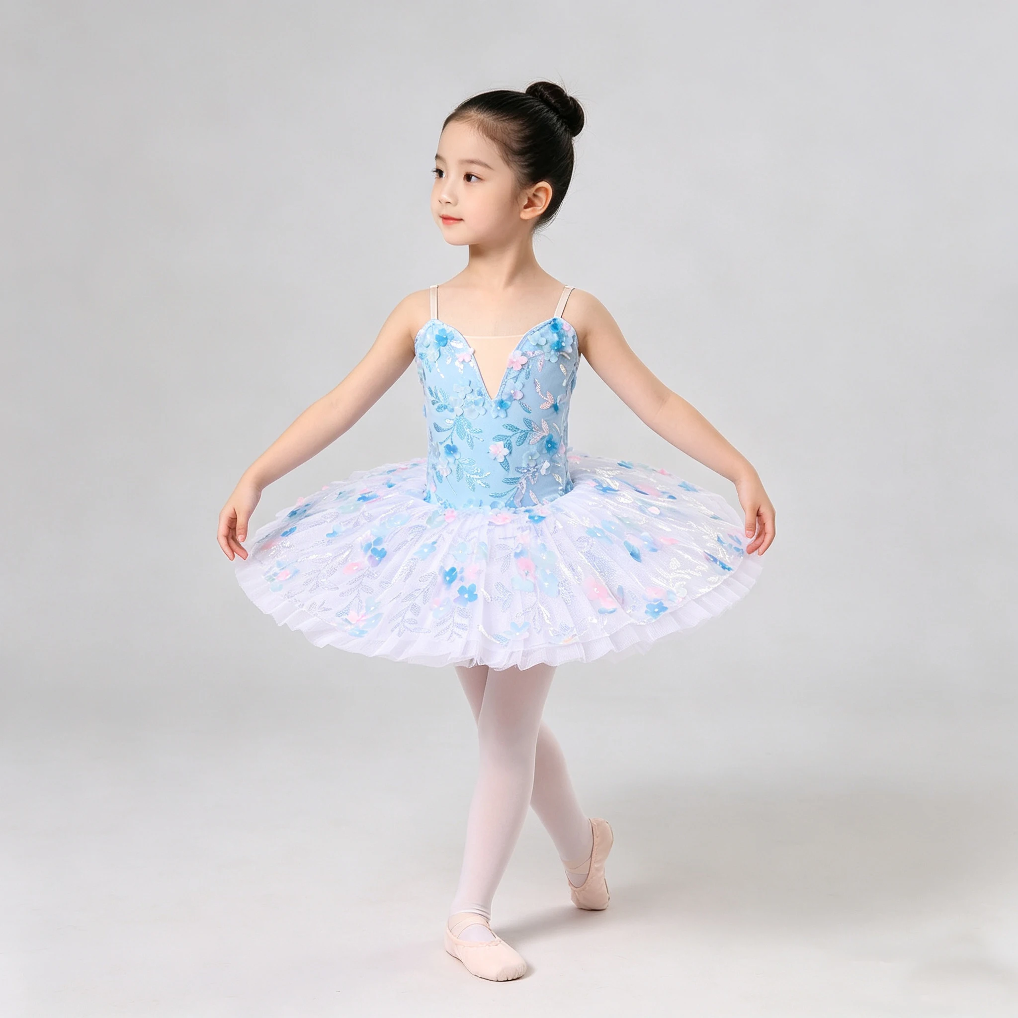 Girls Professional Blue Floral Sequin Ballet Tutu, Kids Tulle Ballerina Costume for Stage Performance, Competition