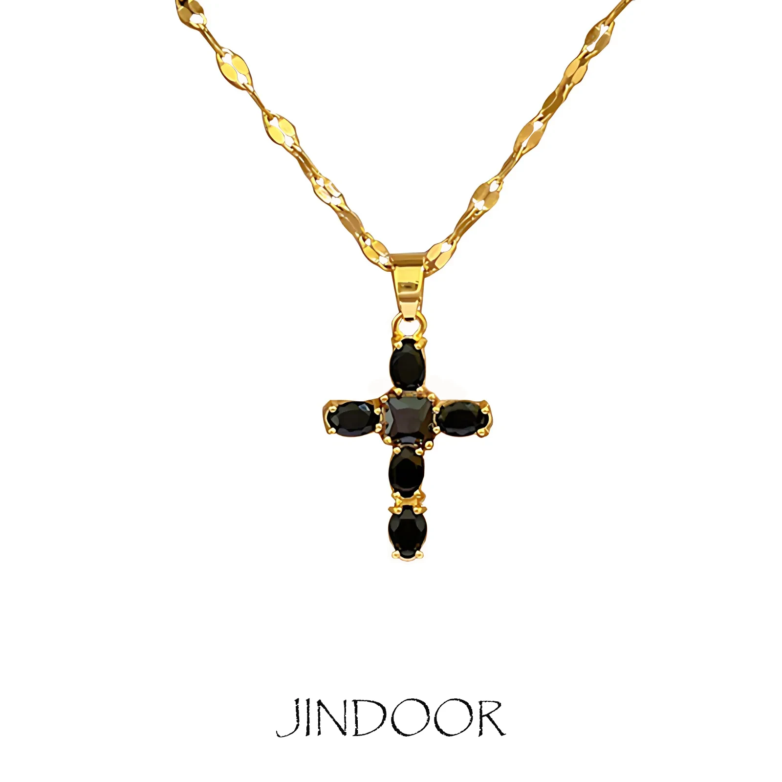 JINDOOR Zircon Cross Pendant Titanium Steel Necklace, Hip Hop Style, Trendy Fashion, Classic Choker for Streetwear