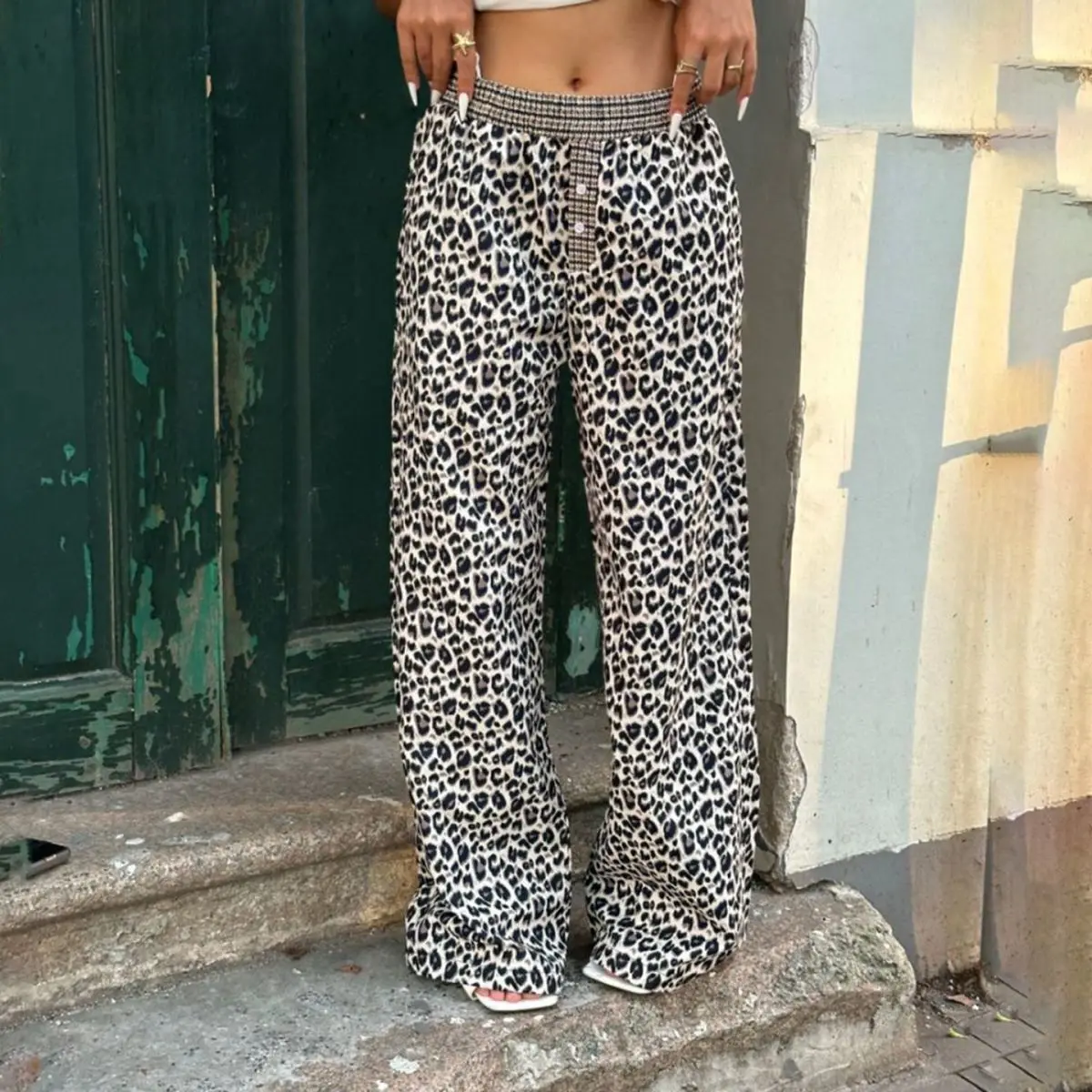 Pants Low Waist Women Summer Goth Chrome Alternative Polka Carnival Training Flared Y2K Middle-Aged Leopard Wide Korean Oversize view 5