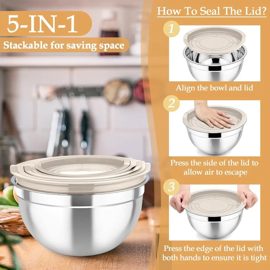 Stainless Steel Nesting Mixing Bowls Set with Lids and 3 Grater Attachments for Kitchen Use: Ideal for Mixing Serving and Stori