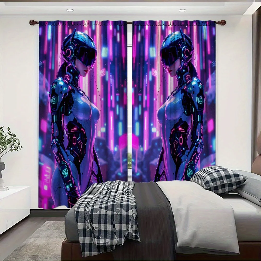 Cyberpunk Girl Robot Curtains, Neon Sci-Fi Android Print Drapes for Gamer Room, Futuristic Tech Window Treatment Home Decor