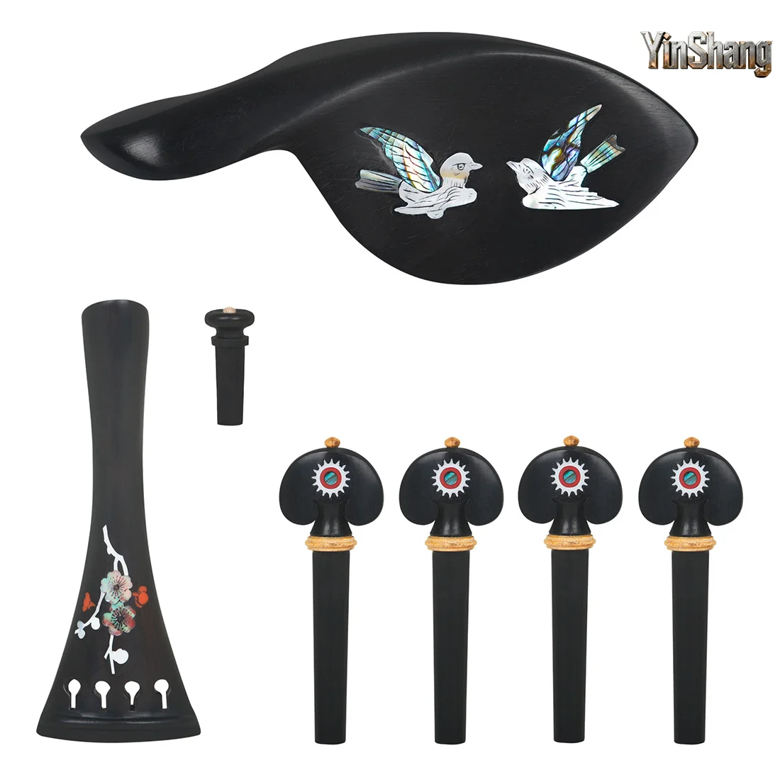 

4/4-3/4 High-End Hand-Carved Violin Ebony Accessories Set, Tailpiece, Pegs, Endpin, Chinrest, Violin Repair Parts