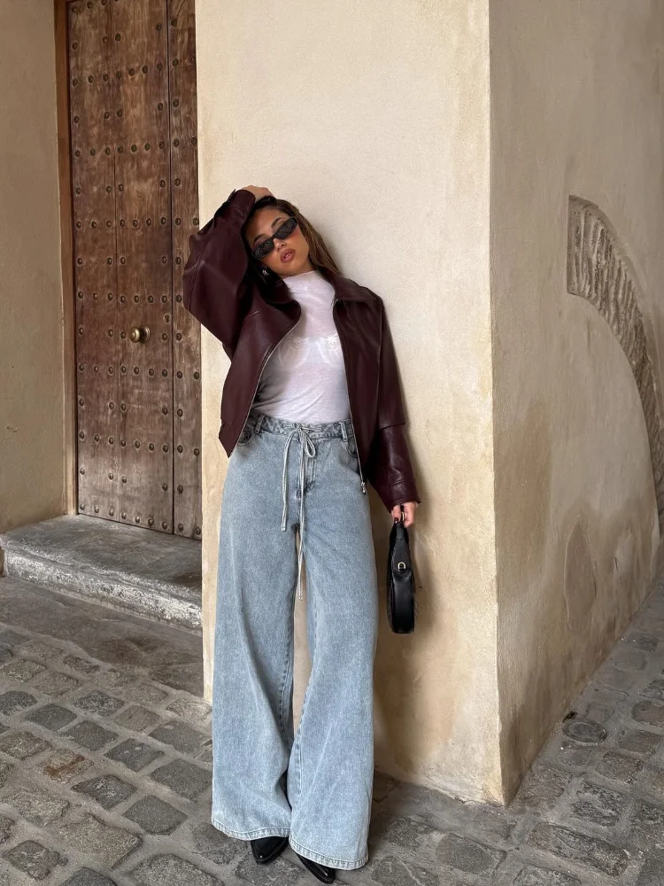 여성용 단색 PU 가죽 따뜻한 재킷, 우아한 긴팔 지퍼 크롭 코트, 여성 통근 거리 상의, 2024 가을 패션