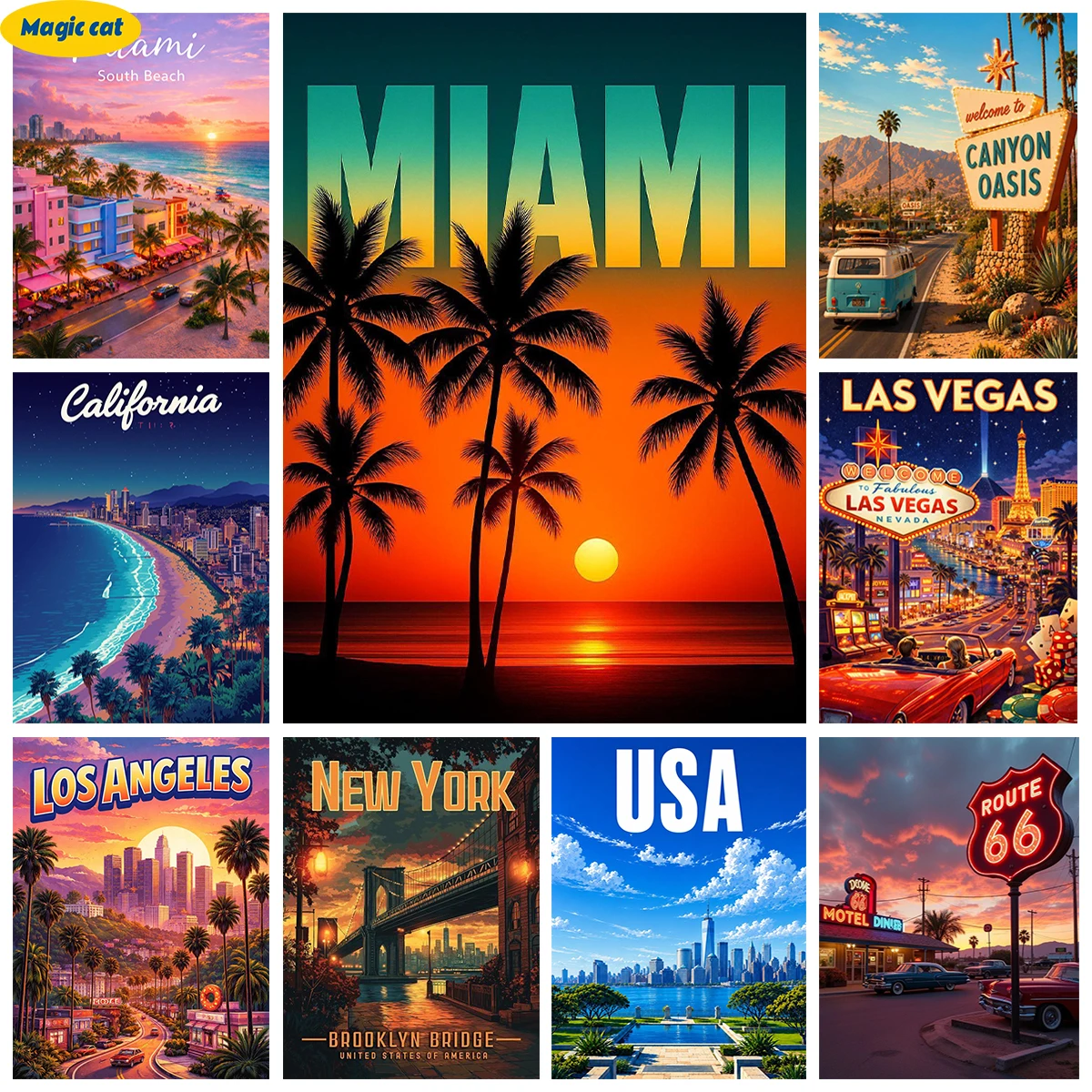 American city scenery DIY AB Diamond Painting Miami Las Vegas New York views 5D Diamond Embroidery Bedroom Home Decor Gift