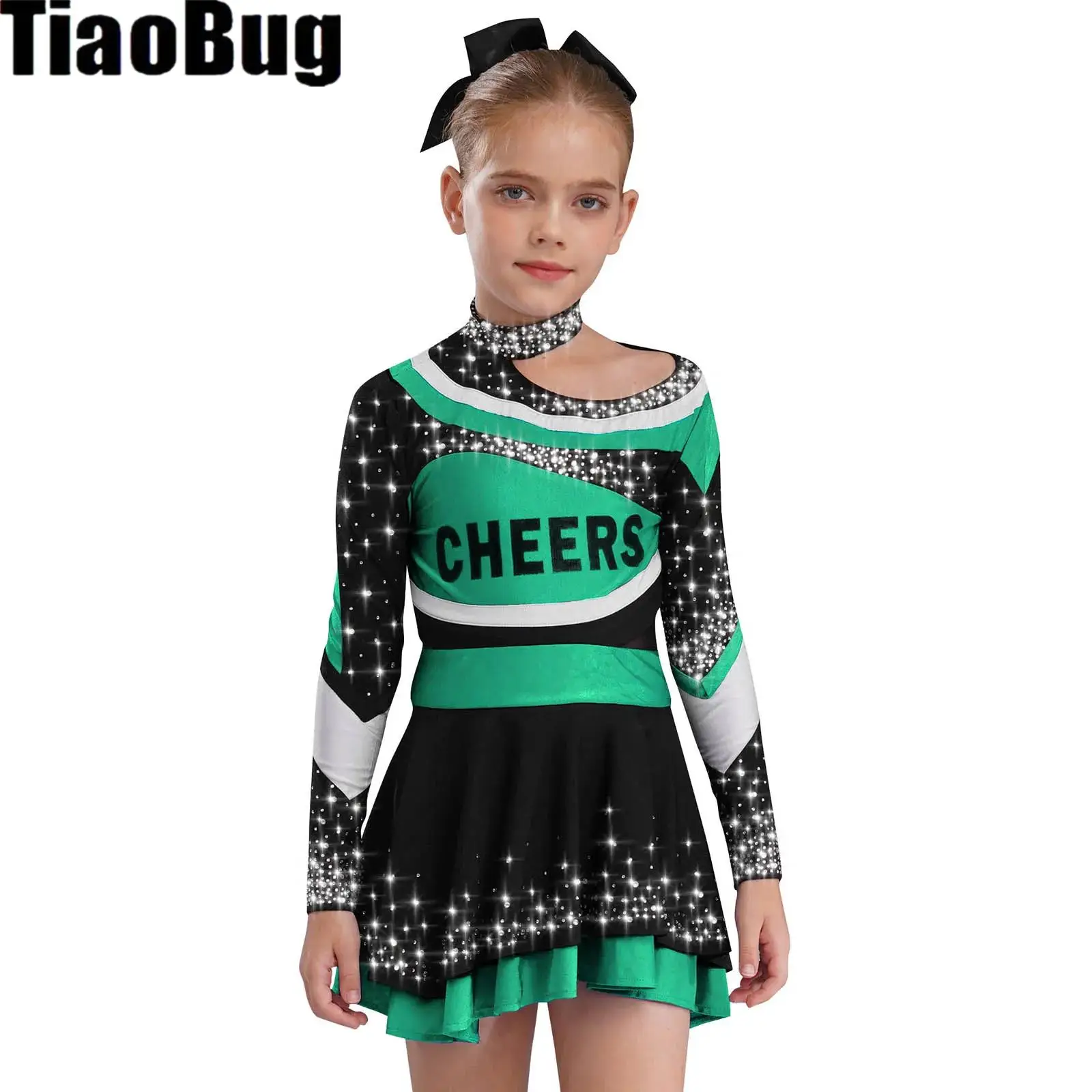 キッズガールズチアリーディング衣装高校ステージパフォーマンスコスチューム長袖レタープリントカラーブロックトップスカート付き