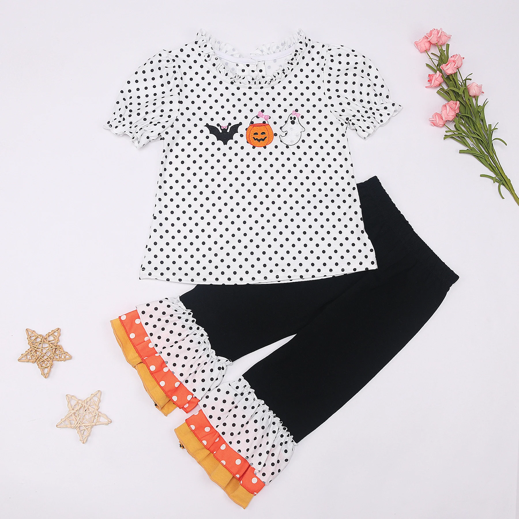 

New Soring Halloween Style Baby Girl Outfit Sets Children Black And White Classic Color Scheme With Fine Embroidery Kids Clothes