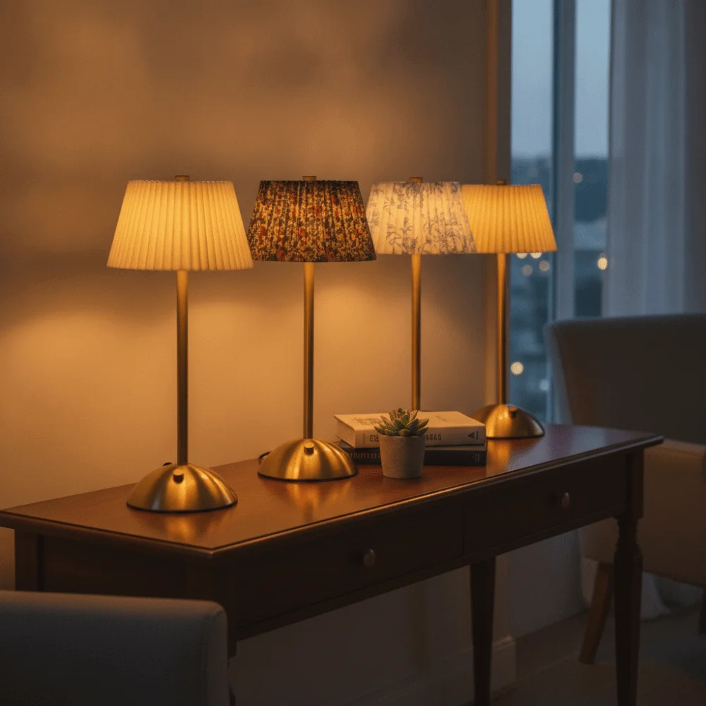 Metal Base Pleated Desk Lamp Fabric Shade Dimmable LED Night Light Pastoral Style USB Charging Bedside Ambient Light Bar