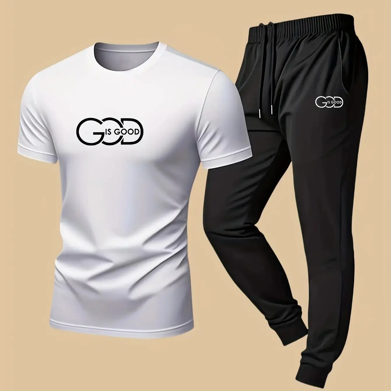 

Men's Printed Sportswear & Casual Loungewear Set, Fashion Crew Neck Pure Cotton T-Shirt and Long Pants 2-Piece Set