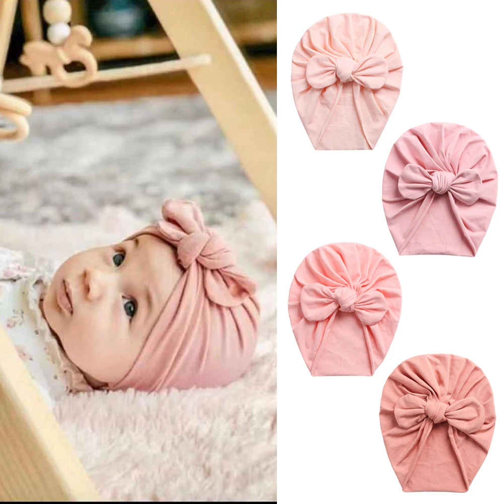 Cotton Baby Turban Hats Cute Bear Bow Beanies Caps Elastic Candy Color Headwraps Headwear Fashion Newborn Kids Hair Accessories