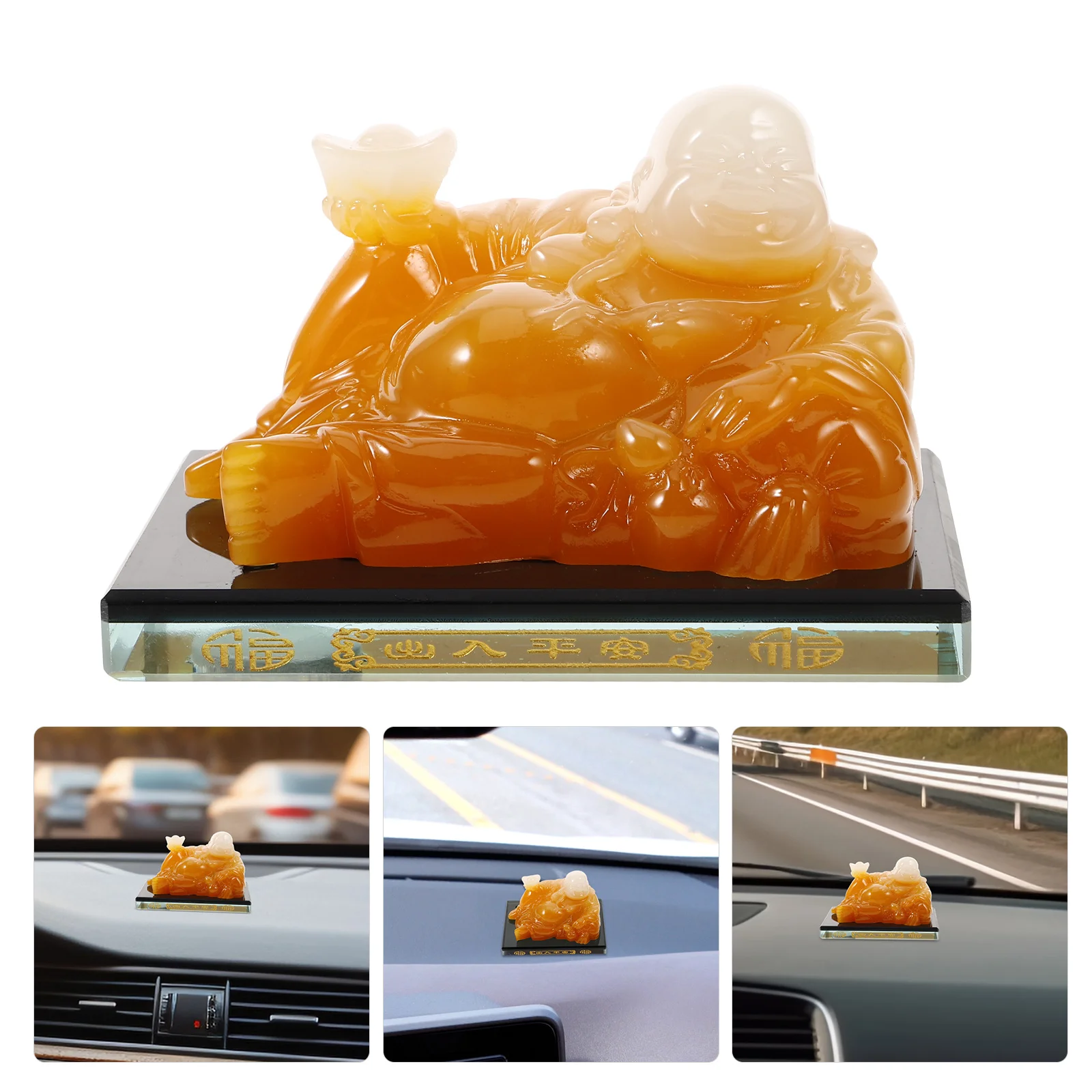 

Large Resin Laughing Buddha Car Ornament Glass Base Dashboard Feng Shui Car Interior Decoration Lucky Buddha Statue for Good