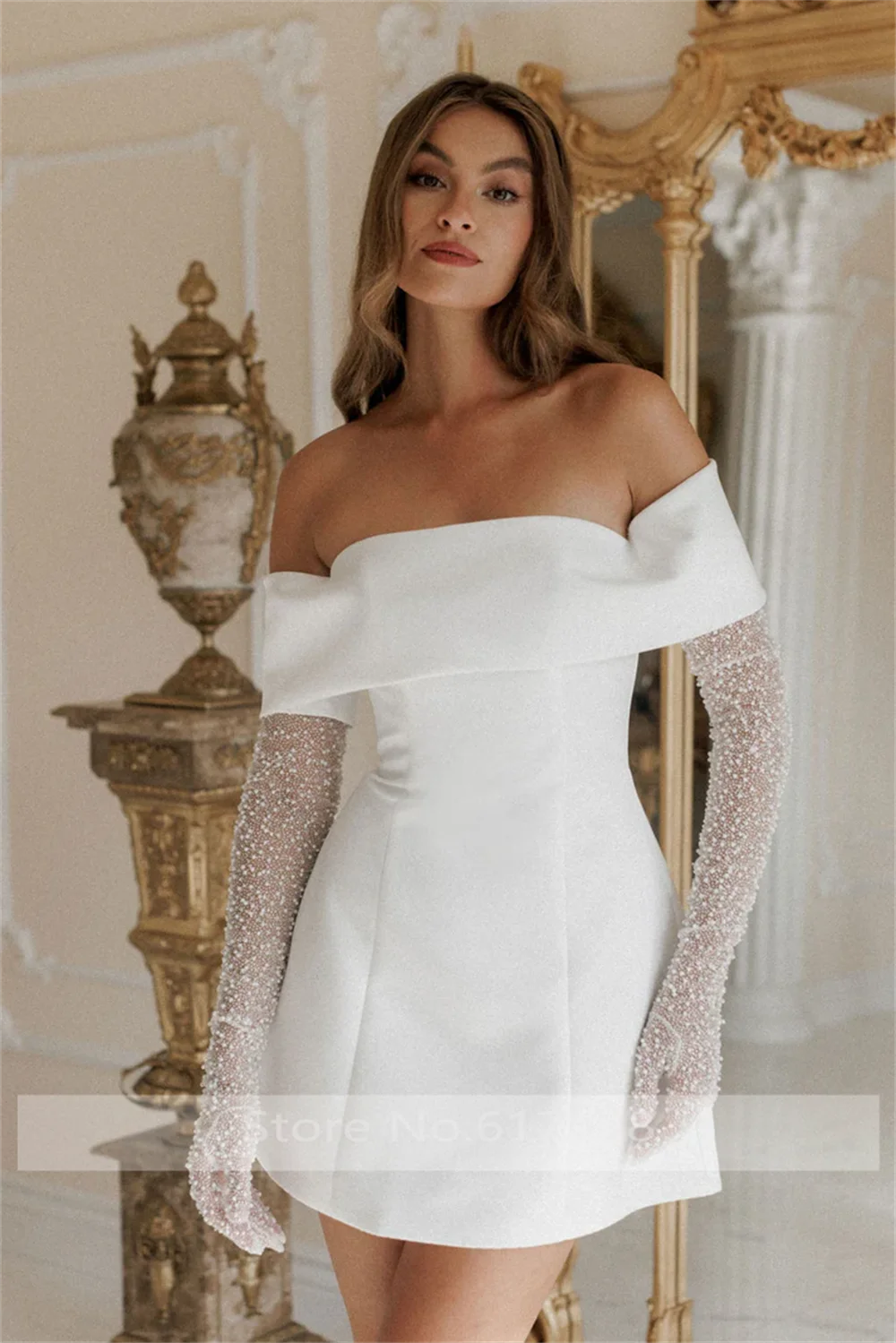 Fashion Boat Collar Satin Solid Short Mini Evening Prom Dress Backless Lace up Prom Bridal Gown with Sleeve Customized image 6