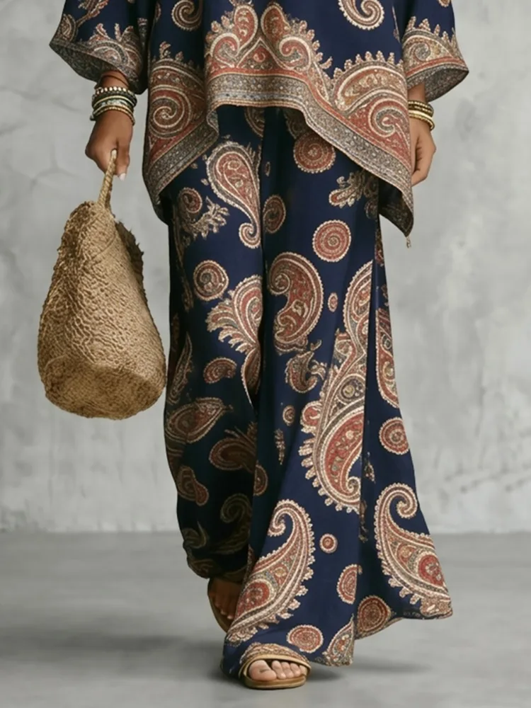 Yeezzi Damen-Hose im Boho-Stil mit Paisley-Print, weites Bein, passende Hose, Vintage-Stil, Marineblau, hohe Taille, lockere, ethnische Palazzo-Hose für den Urlaub – Detail 3