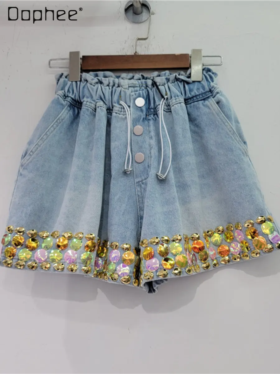 Color Diamond Beaded Yellow Sequins High Waist Wide-Leg Denim Shorts 2023 Summer New Elastic Waist Light Blue Short Pants Women