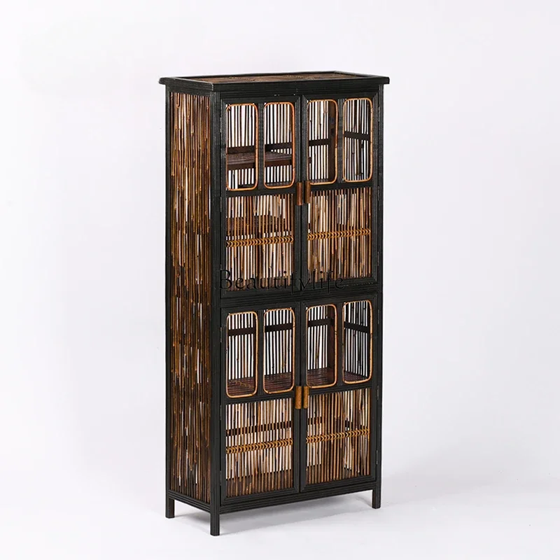 2Retro bamboo wall side cabinet Duobao Pavilion storage Zen tea utensils antique storage cabinet