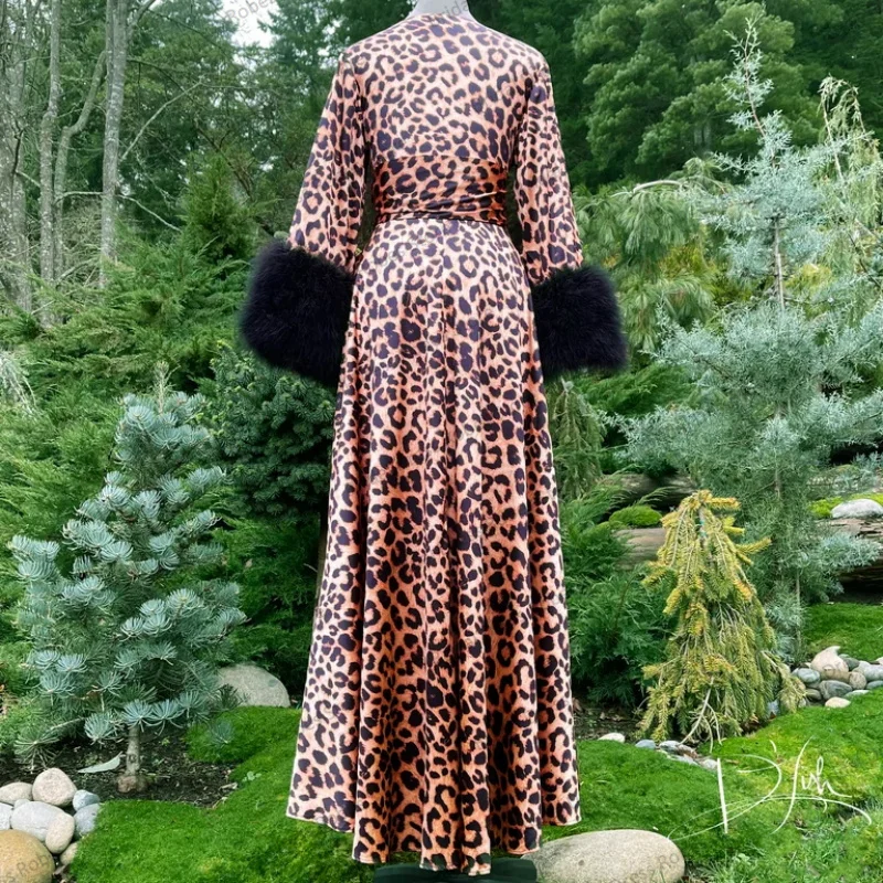 Leopard Feather Women Sleepwear Pajamas Luxury Wedding Night Dresses Silk Satin With Belt Photoshoot Custom Made Prom Party Gown