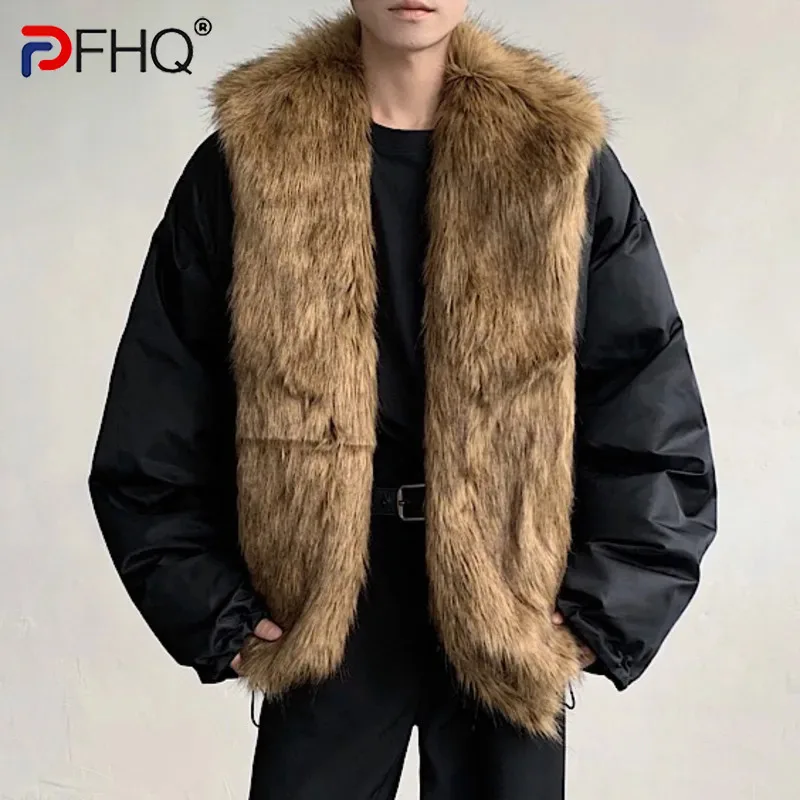 PFHQ Men's Fur Cotton Coat Niche Design Autumn Texture Warm Top Collar Detachable Patchwork Winter Male Padded Jacket 9C3603