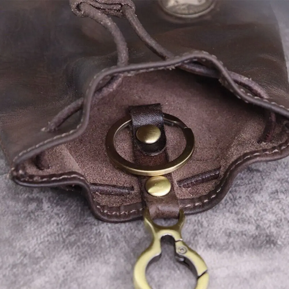 Retro Genuine Leather Coin Purse Pouch Drawstring Wallets Car Key Bag Simple Hanging Bag