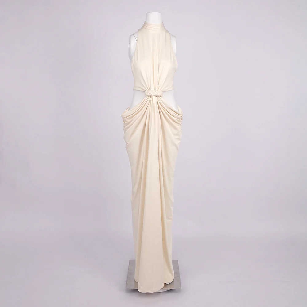 Femmes Design de luxe Beige sans manches découpé drapé Maxi longue douce robe confortable haute rue soirée spectacle robes