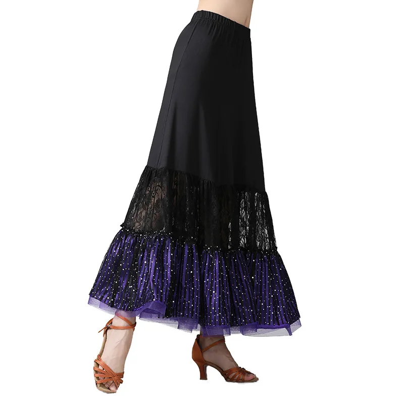 1 unids/lote estilo de lujo mujer largo encaje satén baile de salón falda señora cintura elástica franjas de color falda larga