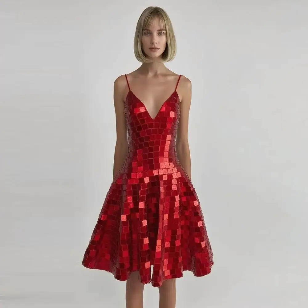 

Women's Sparkly Mirror Sequins Dress Sexy Halloween Costume Elegant Evening Party Gown Stage Performance VIP Hot Charm