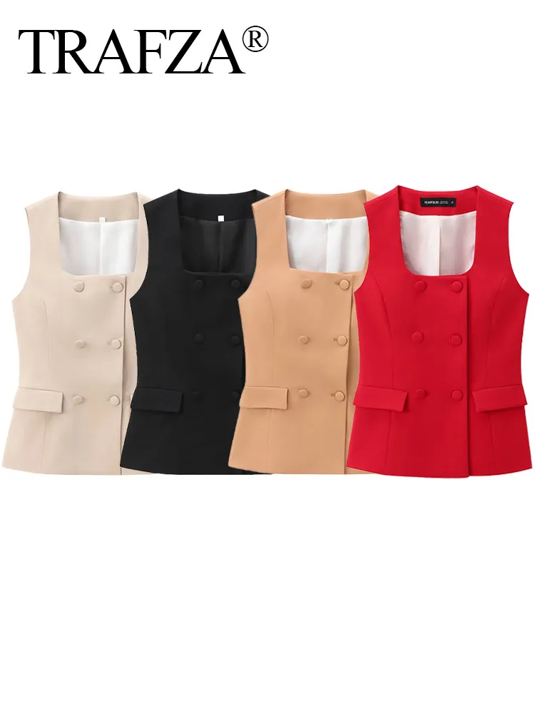 

TRAFZA Summer Vest Tops Woman Trendy Solid Square Neck Sleeveless Pocket Buttons Double Breasted Female Waistcoat Top 4 Color