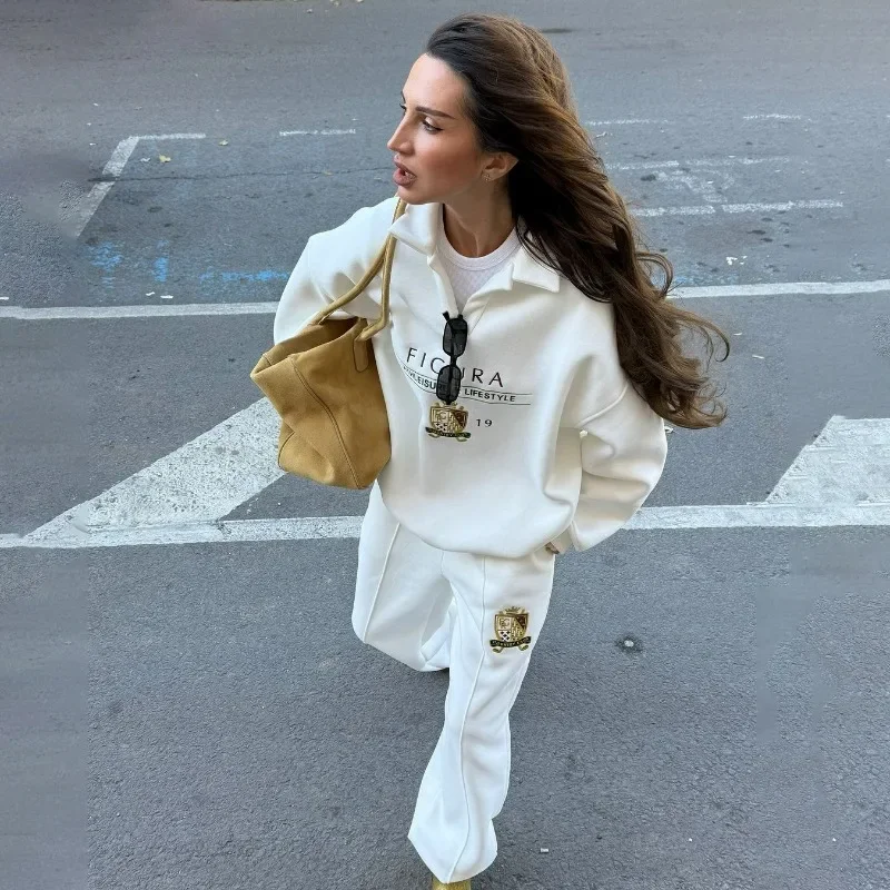 Fashionable Sporty Casual Two-piece Set Simple Long Pants European American Women's Fashion Letter Medal Embroidered Sweatshirt
