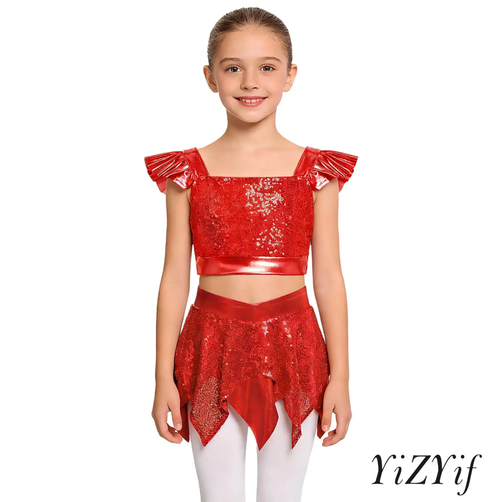 

Детский костюм для джазовых танцев и танца живота для девочек: укороченный топ с квадратным вырезом, рукавами с рюшами и пайетками, а также юбка. Комплект для дискотек, вечеринок и уличной моды.