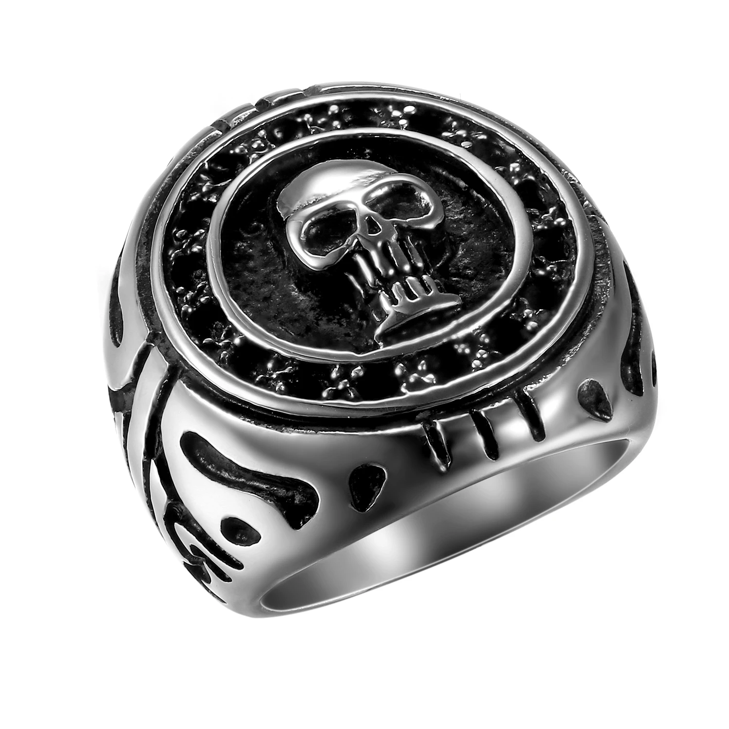 BONISKISS Vintage Stainless Steel Skull Shield Ring Wide Cast Biker Ring Black Silver Color Punk Style Party Jewelry Gift