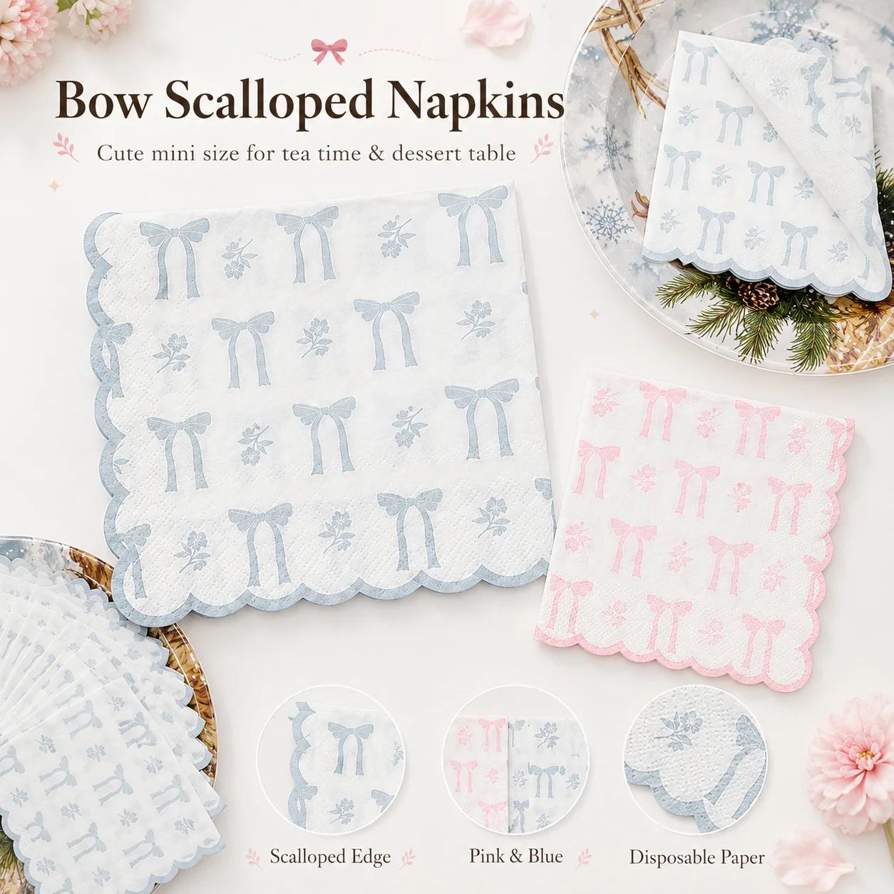 Bow Scalloped Napkins Pink Blue 20Pcs Small Paper Napkins Disposable Cocktail Napkins for Tea Party Dessert Table Decor