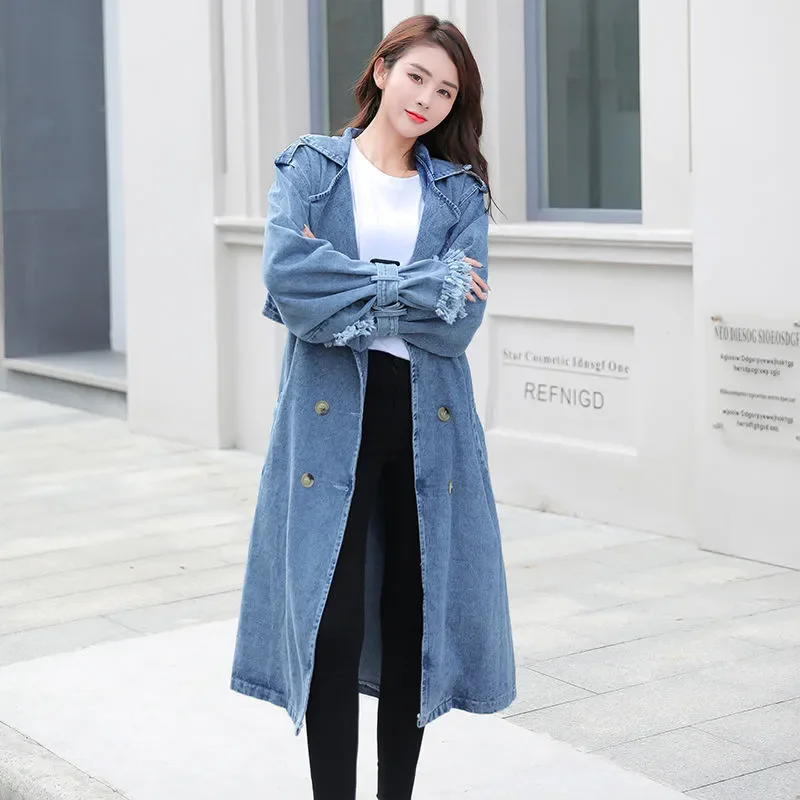New Plus size Denim Trench Coat loose Medium long With Belt And Double Breasted Trench Coat Women's High-end Suit Collar Jacket