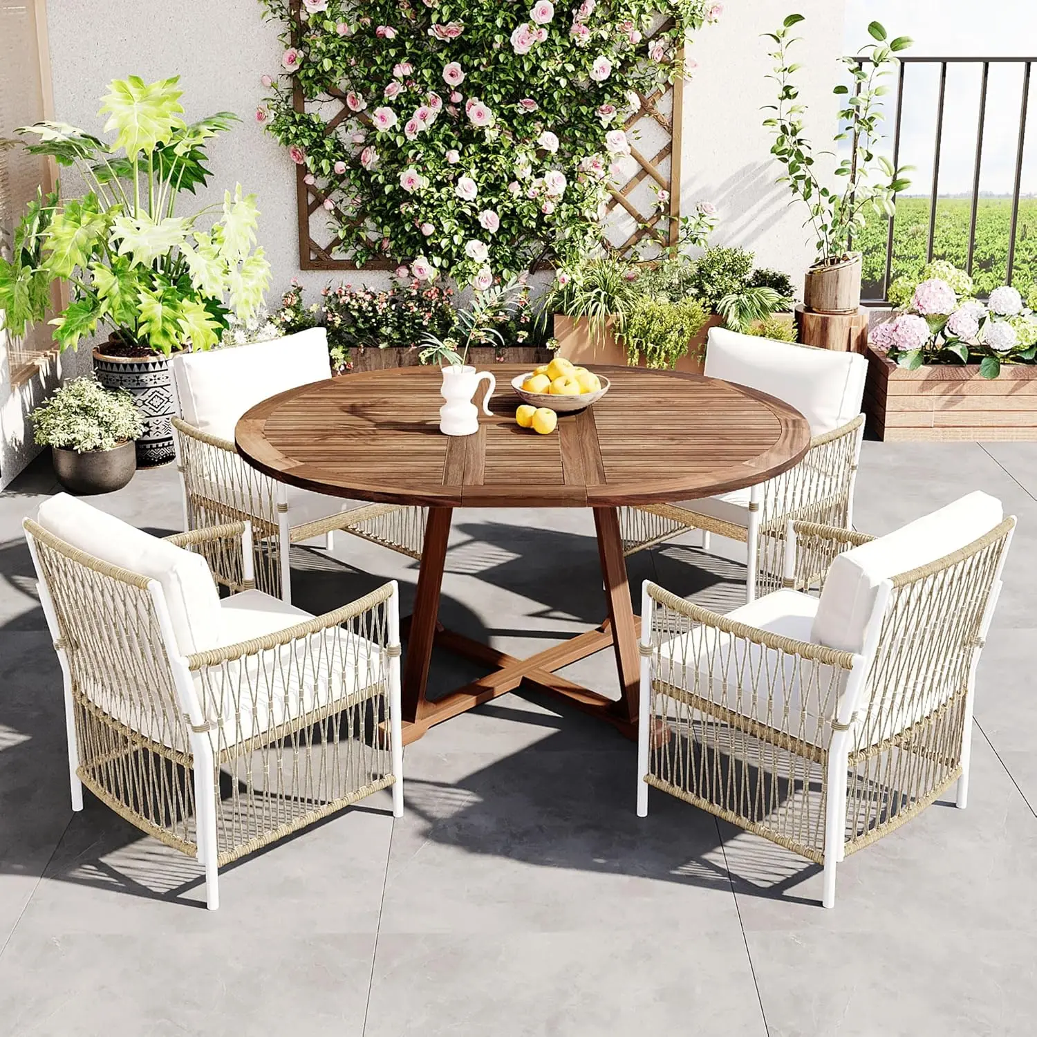 5 Piece Patio Dining Set Outdoor Acacia Wood Extendable Round Table with 12 Inch Butterfly Leaf and 4 Rattan Arm Chairs w/Cousio