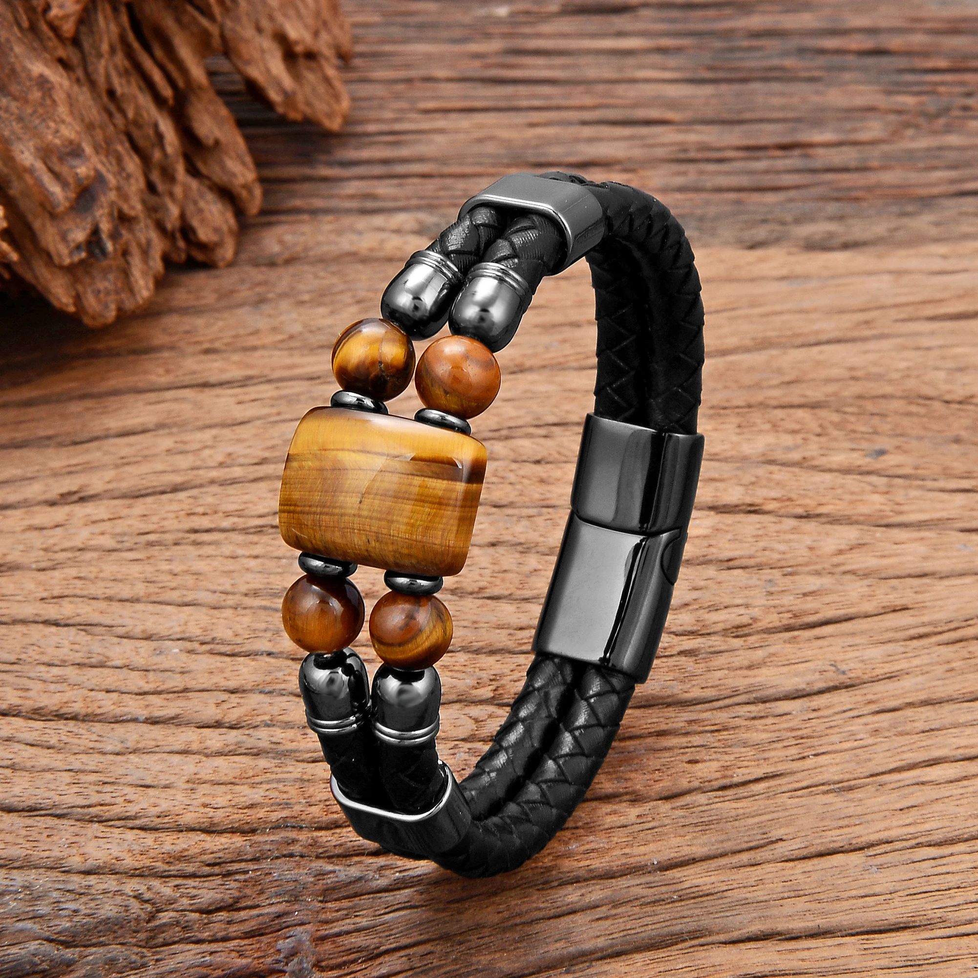 Natural Tiger Eye Stone Bracelet For Man Classic Double-deck Leather Bracelets Bead Bangles Stainless Steel Magnetic Jewelry