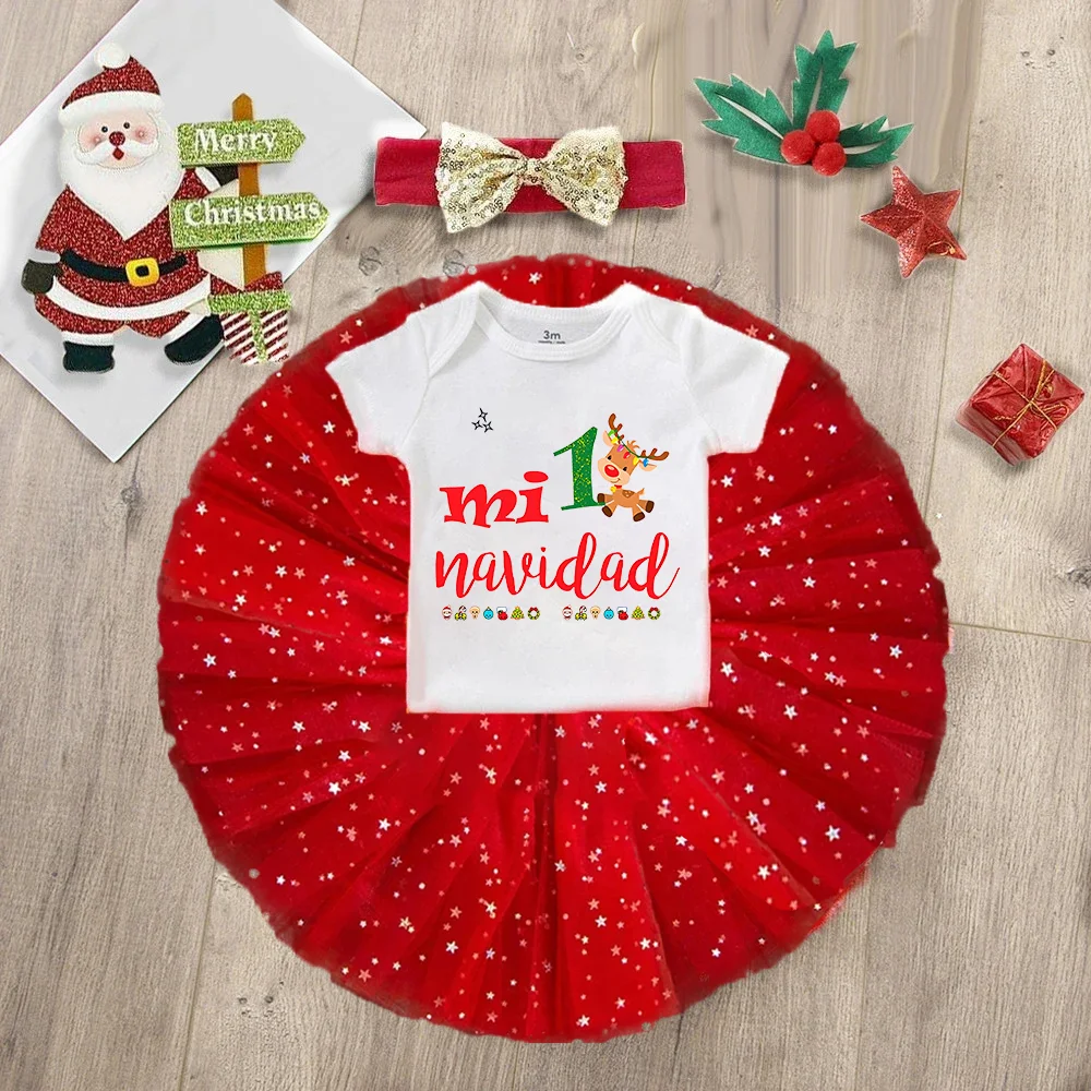 Mi 1ra Navidad Baby Tutu Skirt Set Christmas Little Deer Pattern Infant Dress Newborn Bodysuit+Cake Skirts Xmas Baby Clothes