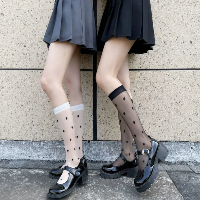 Sexy JK Girls Stocking Lolita Uniform Women Thin Long Socks Silk Stockings Love Heart See Through Knee Sock Summer Underwear