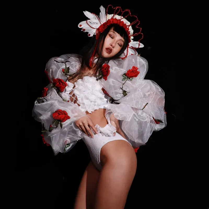 Kostium taneczny z bufiastymi rękawami i wycięciami, seksowny strój do klubu nocnego, dla tancerki gogo, na występy sceniczne, festiwal, rave.