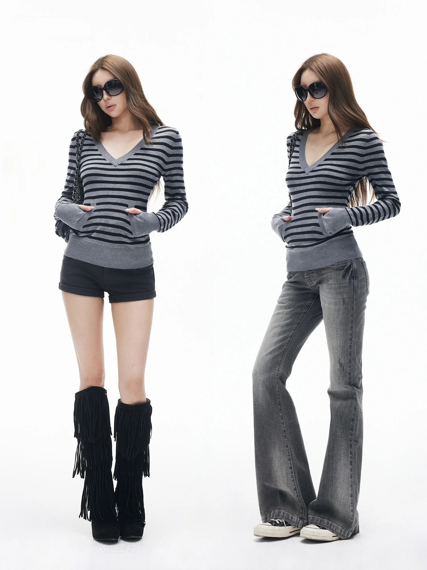 

Slim Fit Knitted Sweater V-Ne Long Sve Striped Heavy Workiamxiaa Retro Bla ey Heavy Work Knitwear with kets