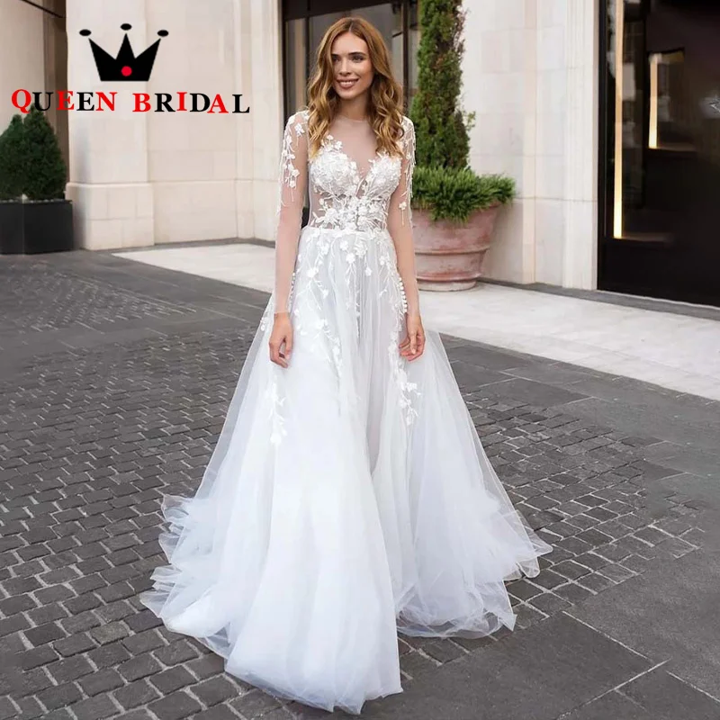 Boho manga longa rendas apliques vestido de casamento tule elegante uma linha botão 2023 novos vestidos de noiva robes de mariée personalizado m24q